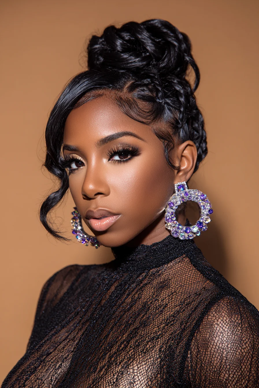 Sleek Braided Top Bun with Soft Face‑Framing Curl