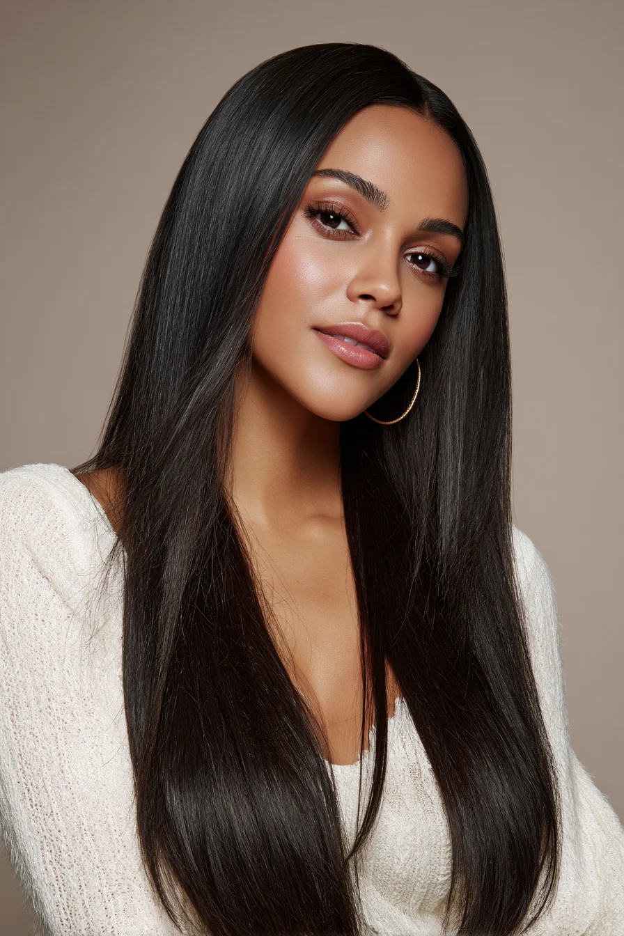 Sleek Center-Part Long Straight Hair with Subtle Face-Framing Layers