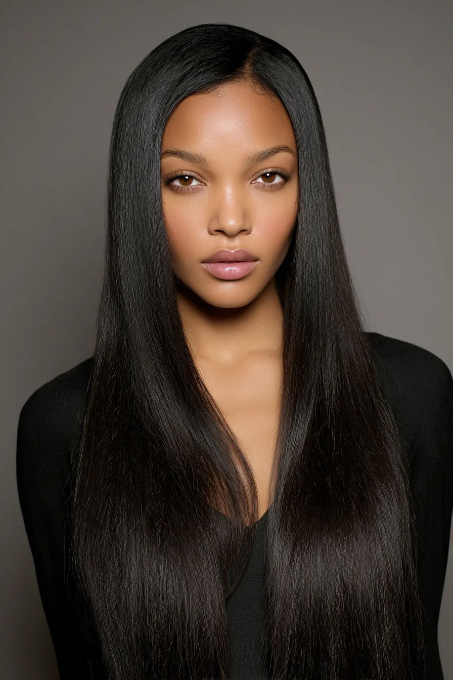 Sleek Center-Parted Long Straight Hair — Glossy Salon-Flat Finish