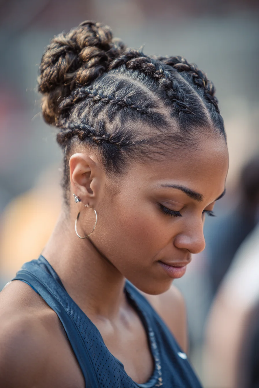 Sleek Cornrow Braids Gathered Into a High Braided Bun