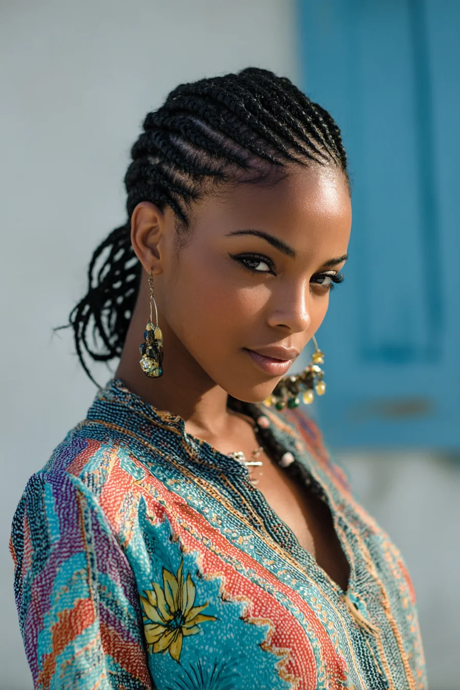 Sleek Cornrow Braids Pulled into Low Ponytail