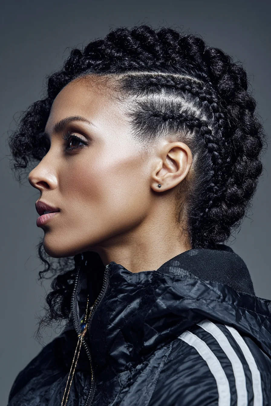 Sleek Cornrow Fauxhawk with Twisted Center for Natural Curly Hair