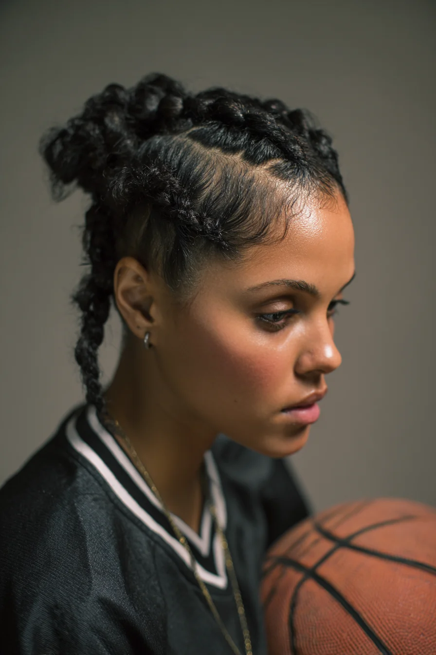 Sleek Cornrow Updo with Braided Ponytails and Laid Baby Hairs