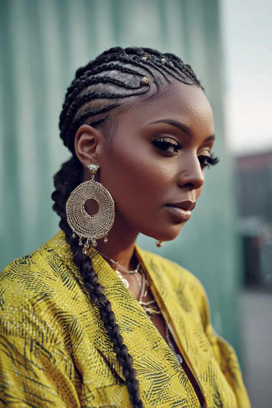Sleek Cornrows Flowing into a Long Single Braid with Bead Accents