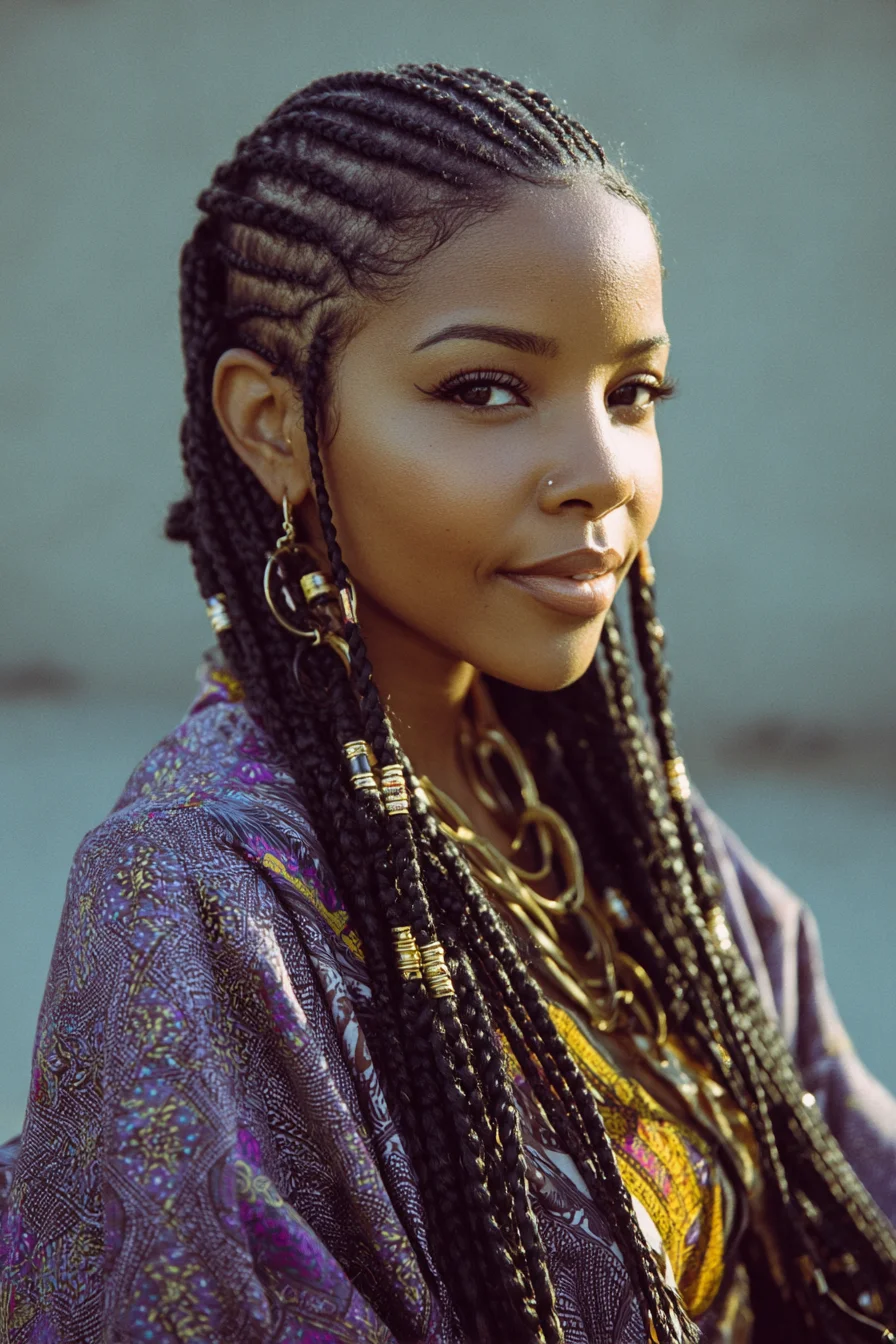 Sleek Feed-In Cornrows into Long Box Braids with Beaded Accents