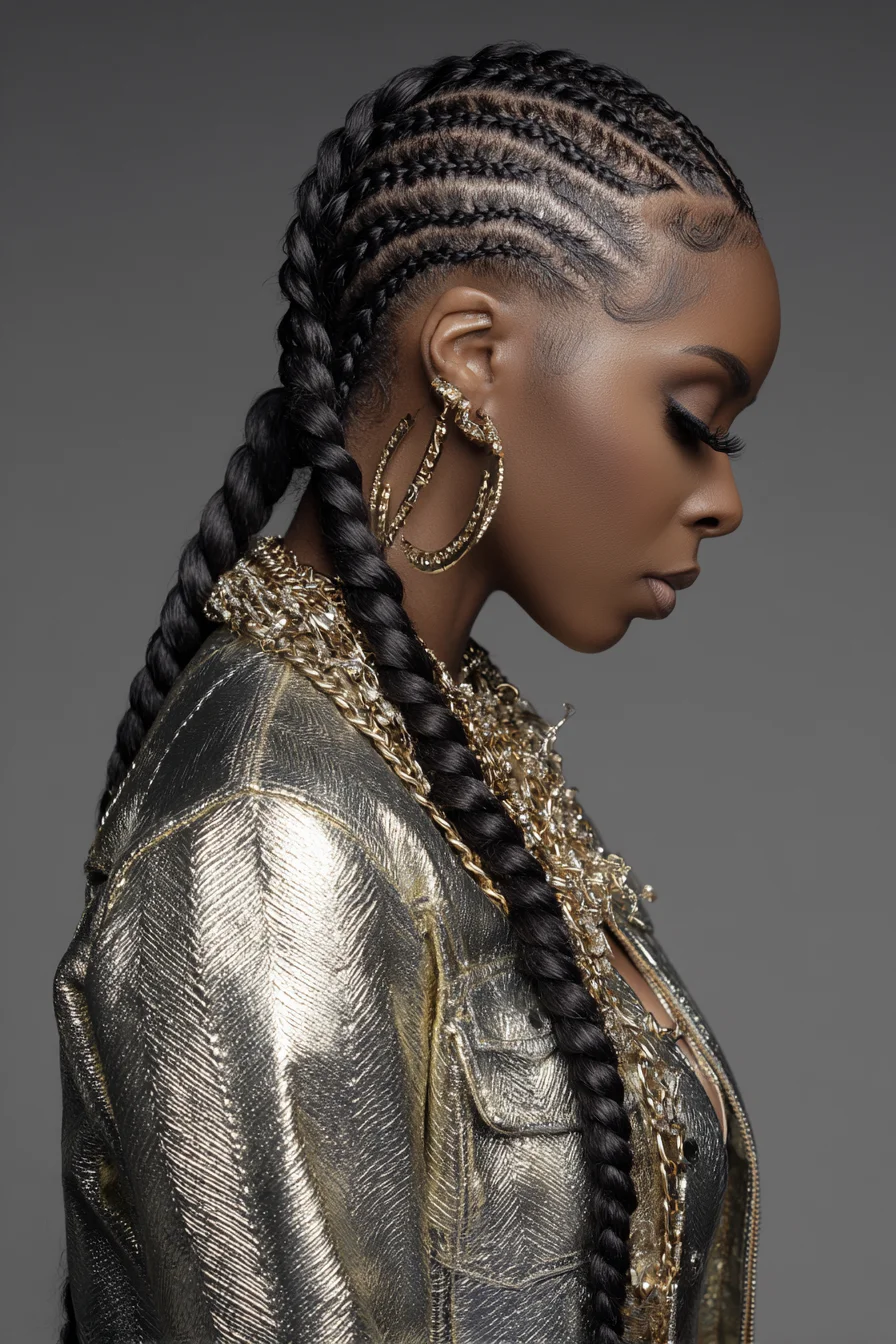 Sleek Feed‑In Cornrows into Two Long Thick Braids with Styled Baby Hairs