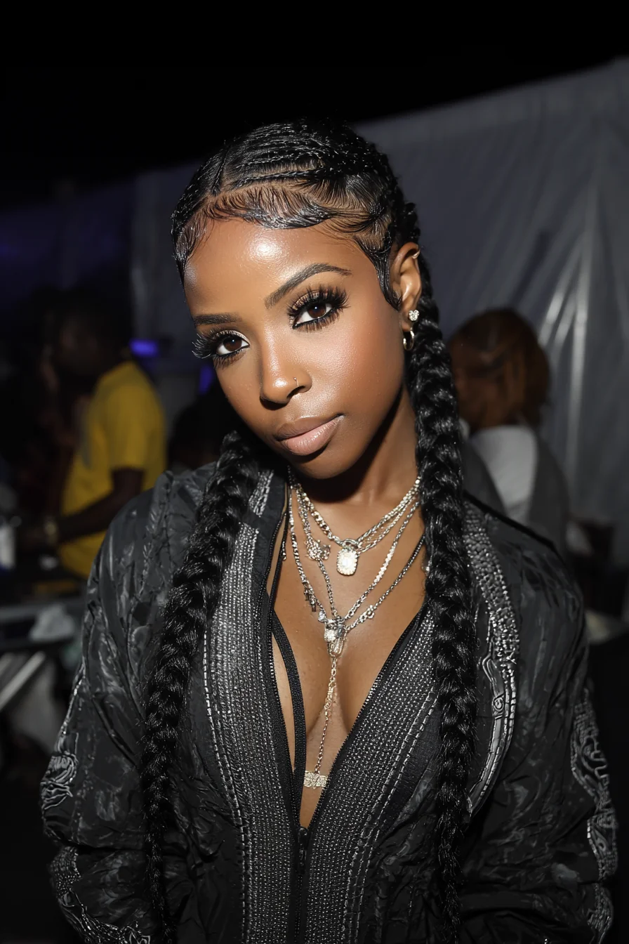 Sleek Feed-In Cornrows with Long Two-Strand Braids and Styled Baby Hairs