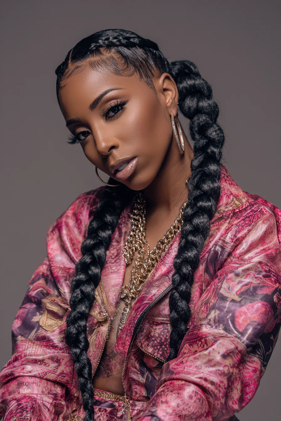 Sleek Feed-In Double Braids with Defined Baby Hairs