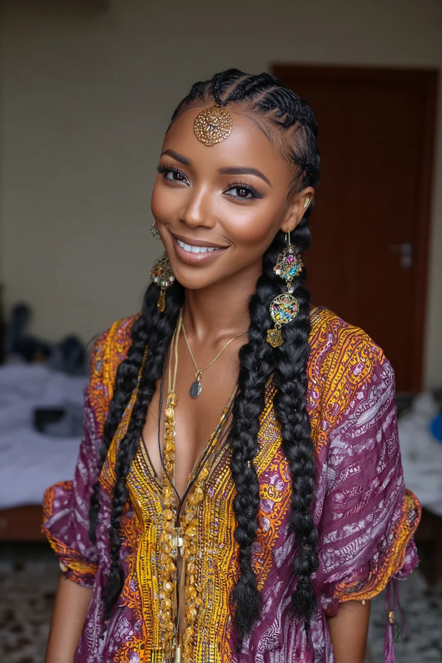 Sleek Ghana Feed‑In Cornrows into Long Chunky Braids with Defined Edges