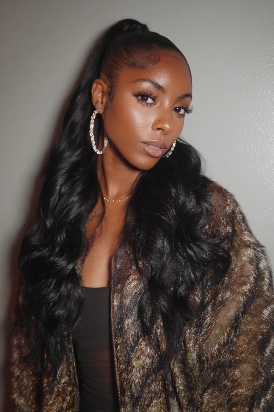 Sleek High Ponytail with Long Loose Waves and Laid Baby Hairs