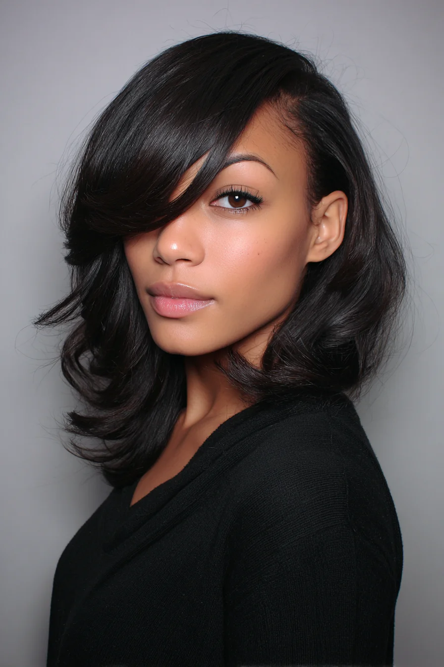 Sleek Layered Lob with Side-Swept Fringe and Soft Volume