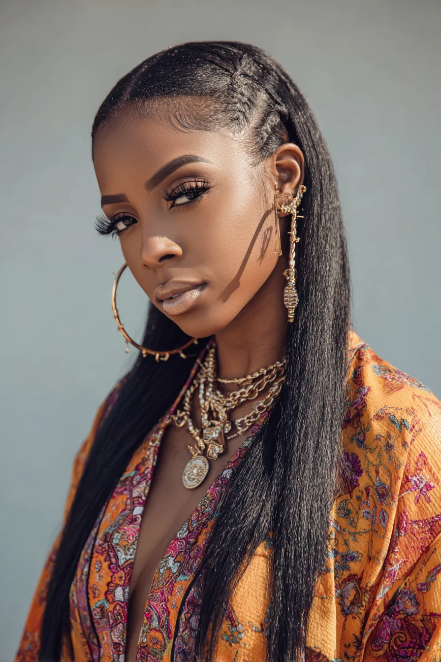 Sleek Long Straight Hair with Side Cornrow Accents
