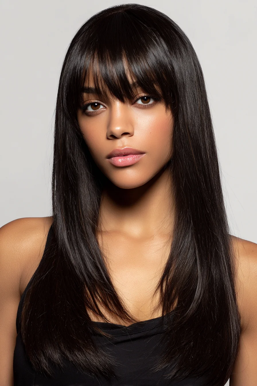Sleek Long Straight Layers with Blunt Fringe (Soft Bangs)