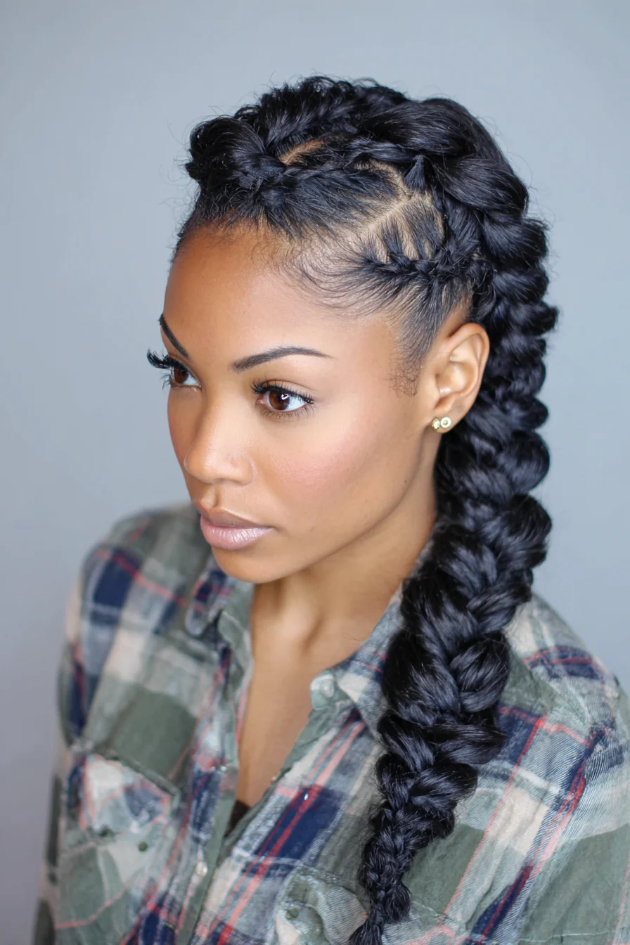 Sleek Side Dutch Cornrows Flowing Into Chunky Pancake Braid