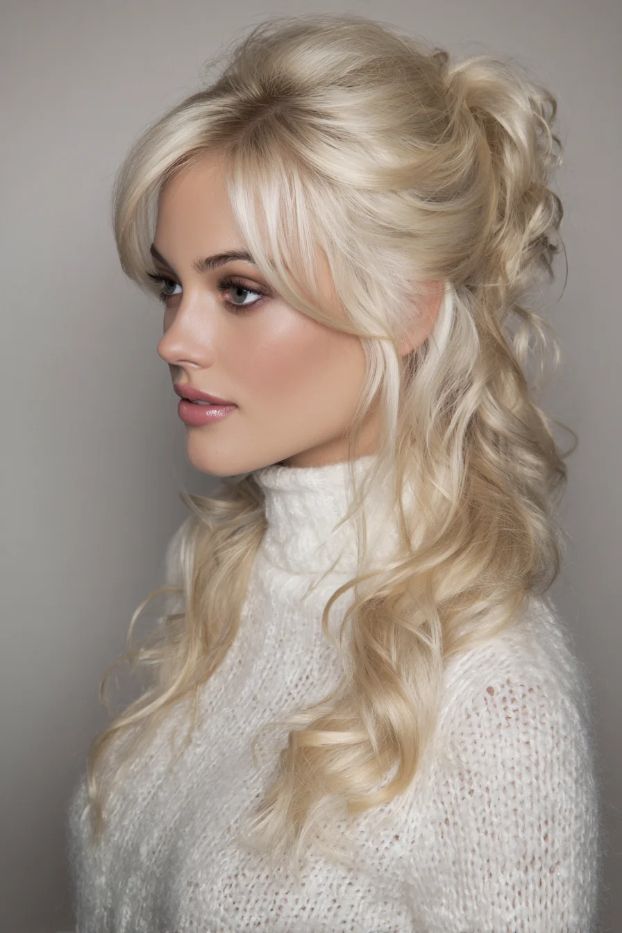 Soft Half-Up Romantic Curls with Face‑Framing Bangs