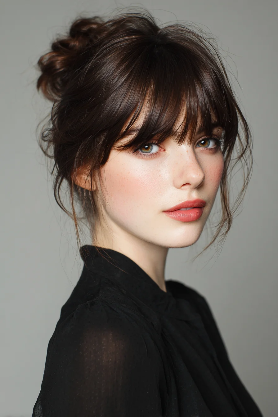 Soft Messy Bun with Wispy Curtain Bangs
