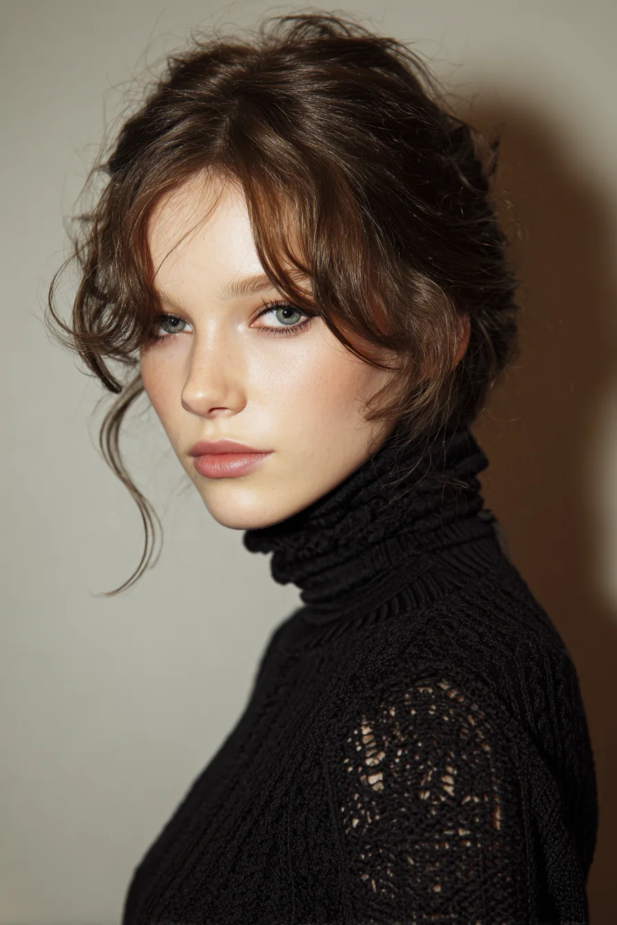 Soft Textured Low Updo with Curtain Bangs and Face‑Framing Tendrils