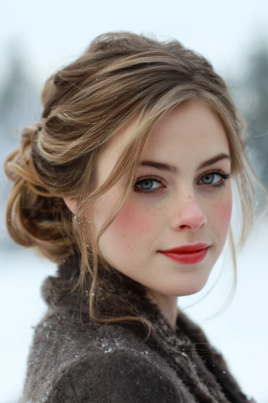 Soft Textured Low Updo with Face-Framing Tendrils