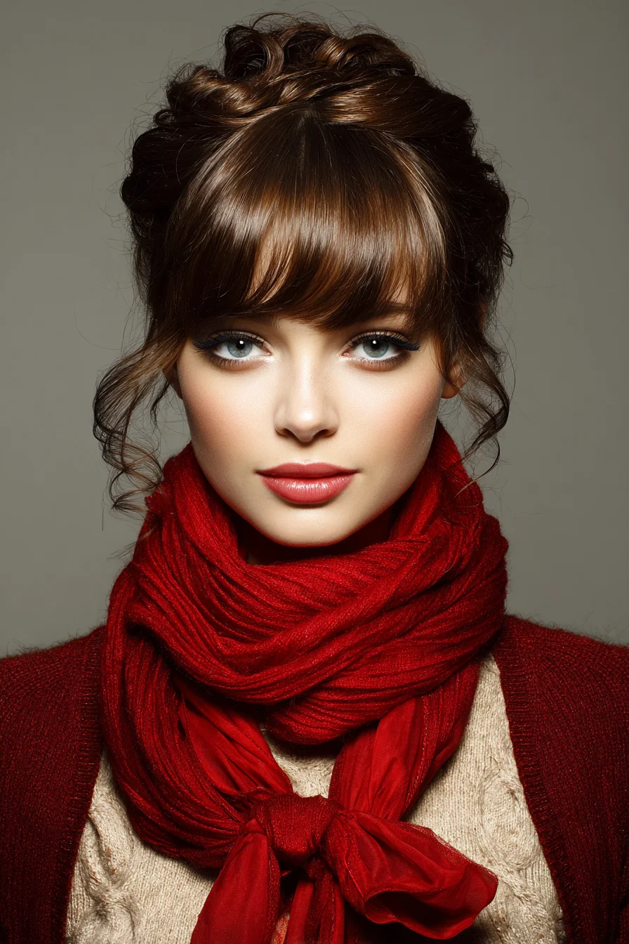 Soft Textured Updo with Blunt Fringe and Face‑Framing Tendrils