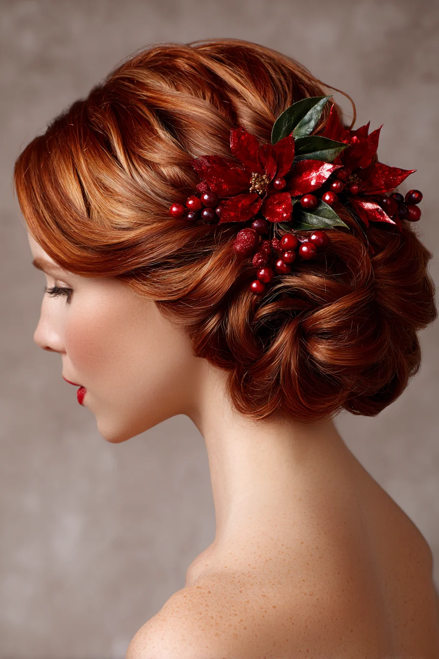 Soft Twisted Low Chignon with Decorative Floral Accent