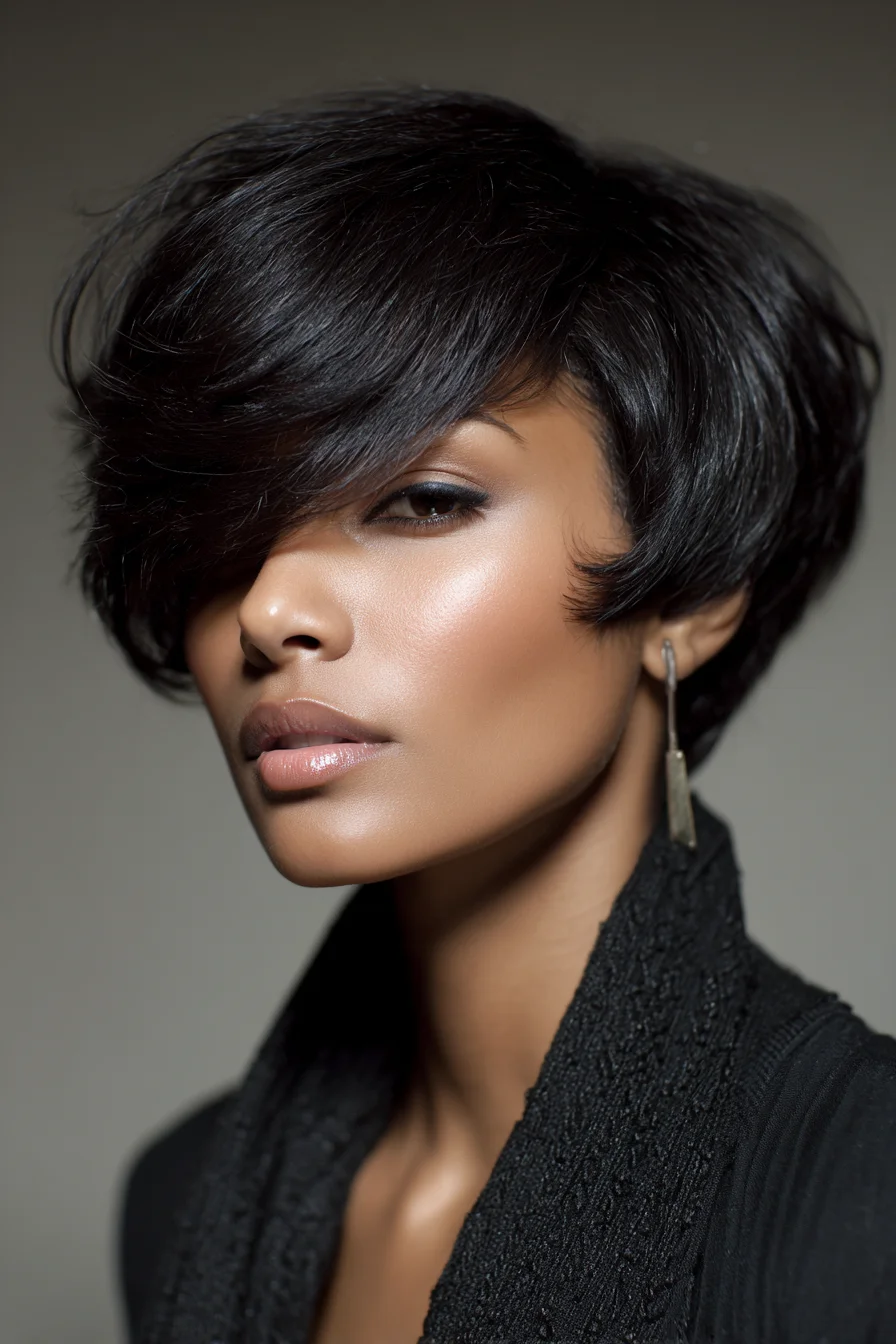 Stacked Asymmetrical Pixie-Bob with Long Side‑Swept Bangs