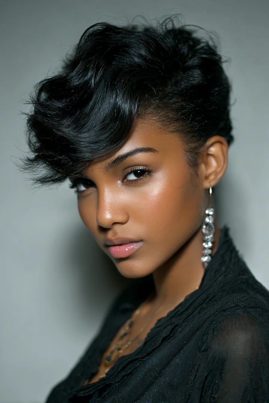 Tapered Pixie with Sculpted Side Swoop — Sleek, Voluminous Fringe