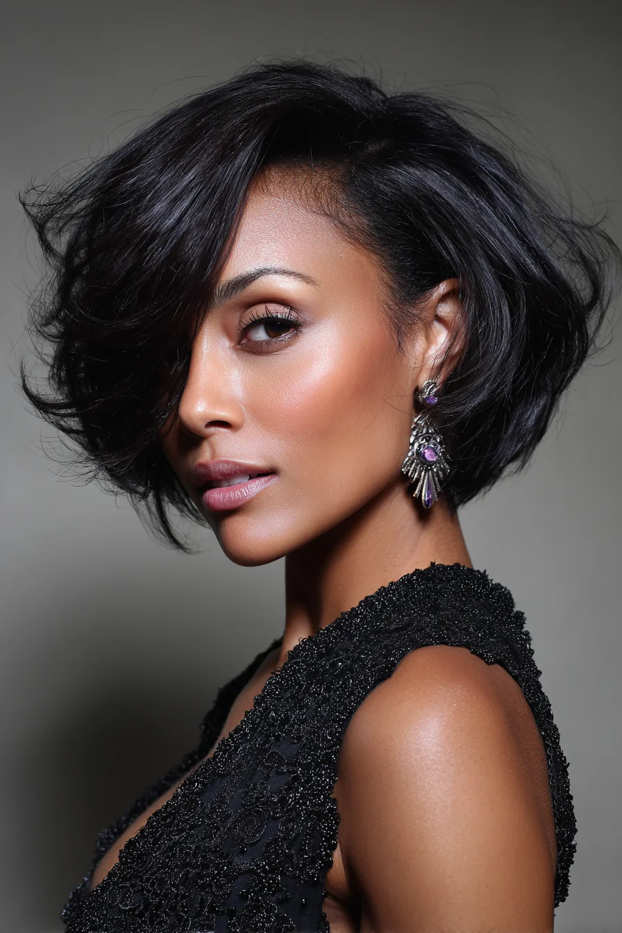 Textured Asymmetrical Short Bob with Deep Side Sweep