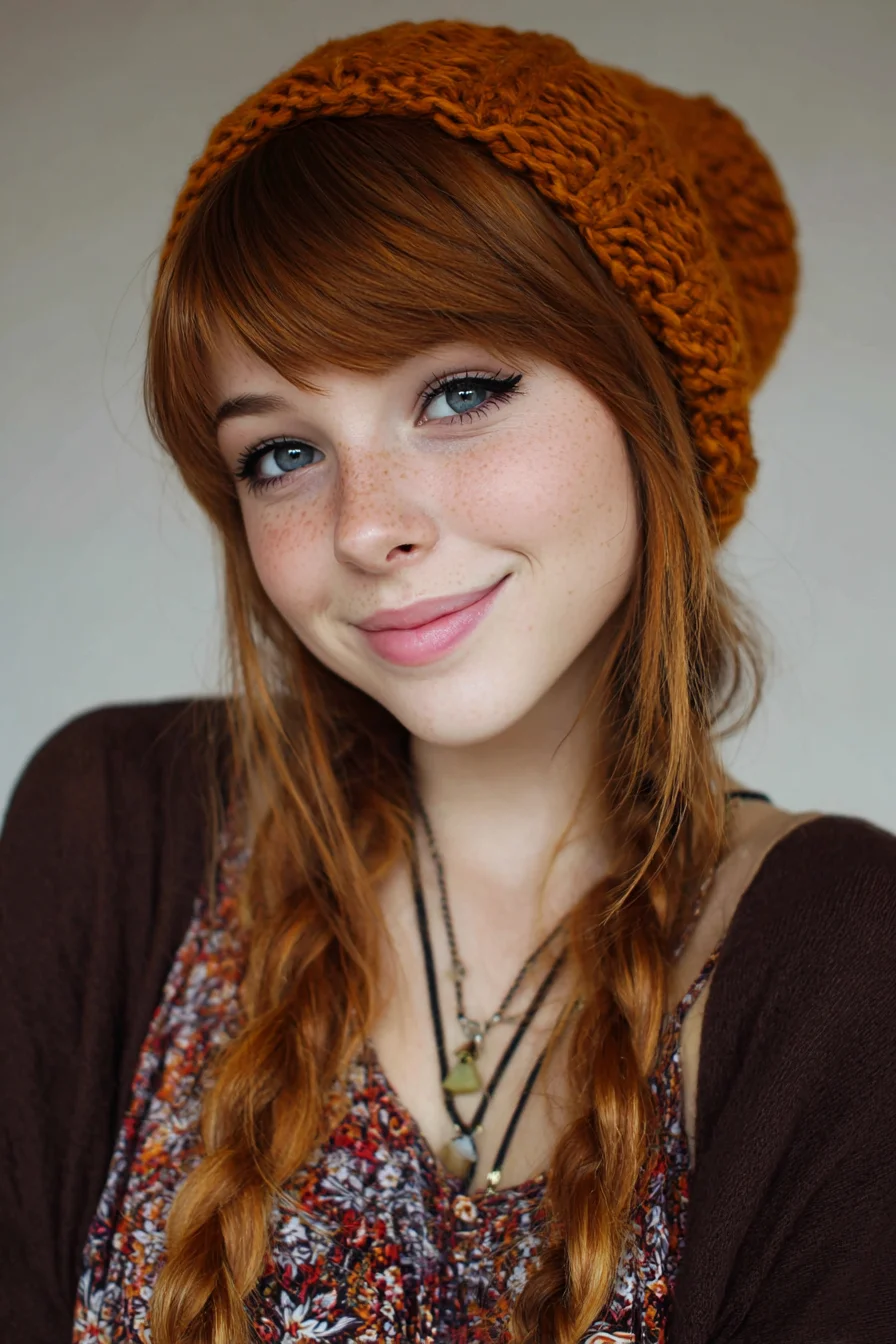 Textured Auburn Twin Braids with Blunt Fringe — Loose Boho Style