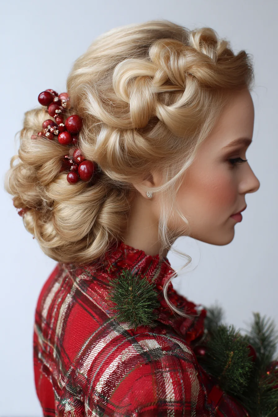 Textured Braided Crown into Low Romantic Bun with Berry Accessories