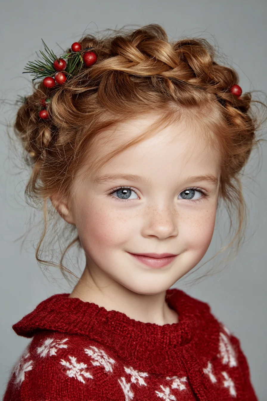 Textured Braided Crown Updo with Festive Berry Accents — Romantic Holiday Hairstyle