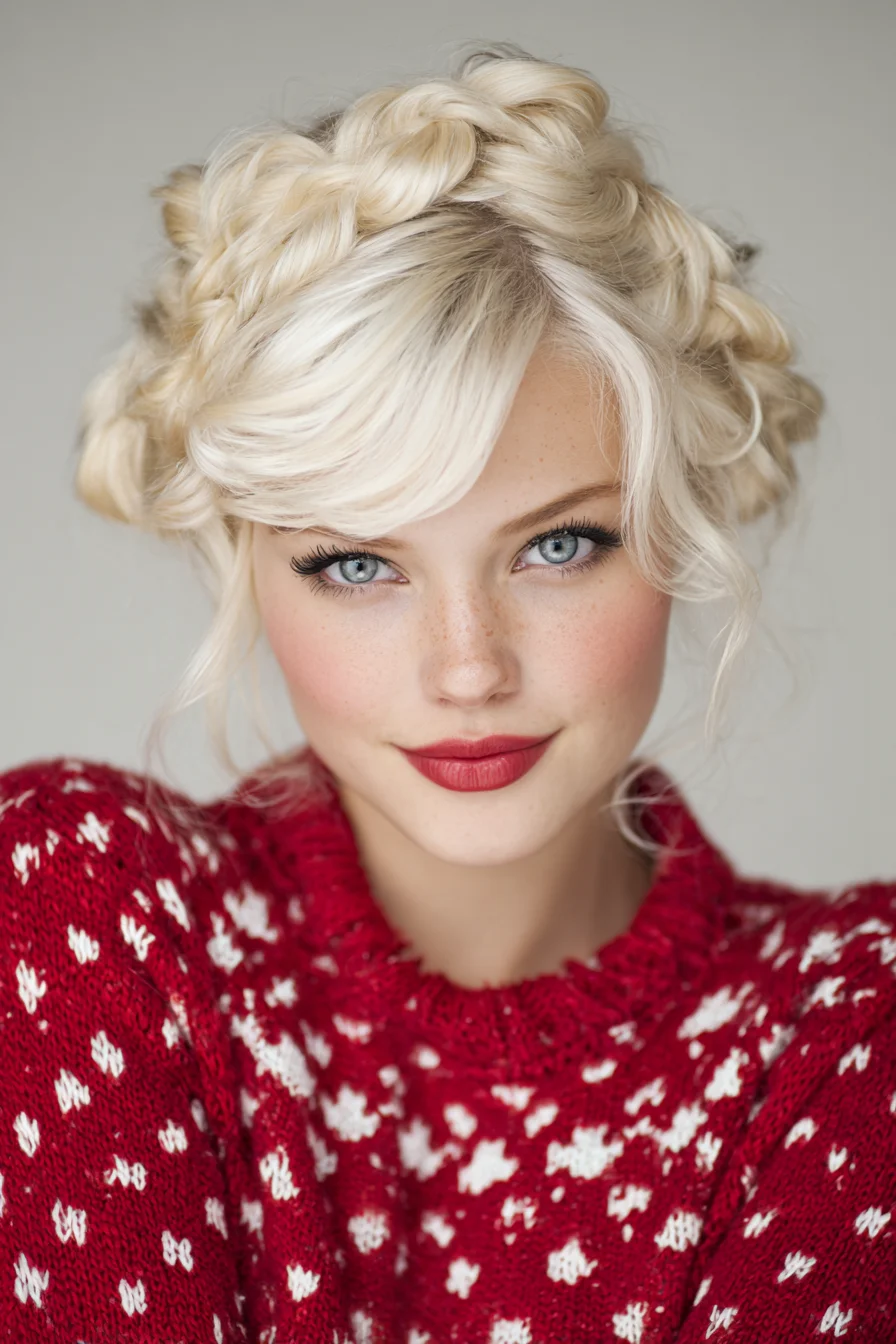 Textured Braided Crown Updo with Soft Face‑Framing Bangs