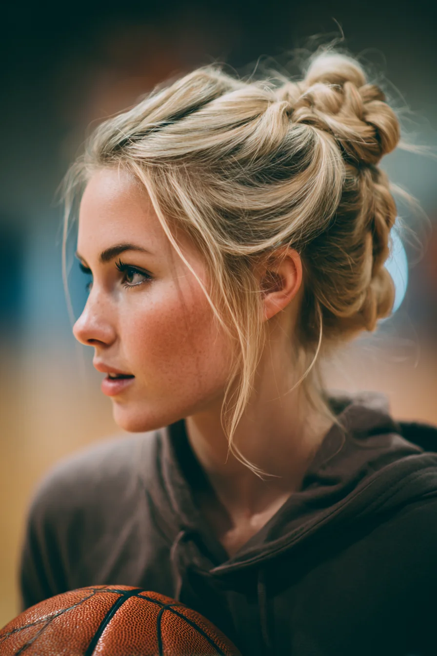 Textured Braided Double Bun Updo with Loose Face‑Framing Pieces