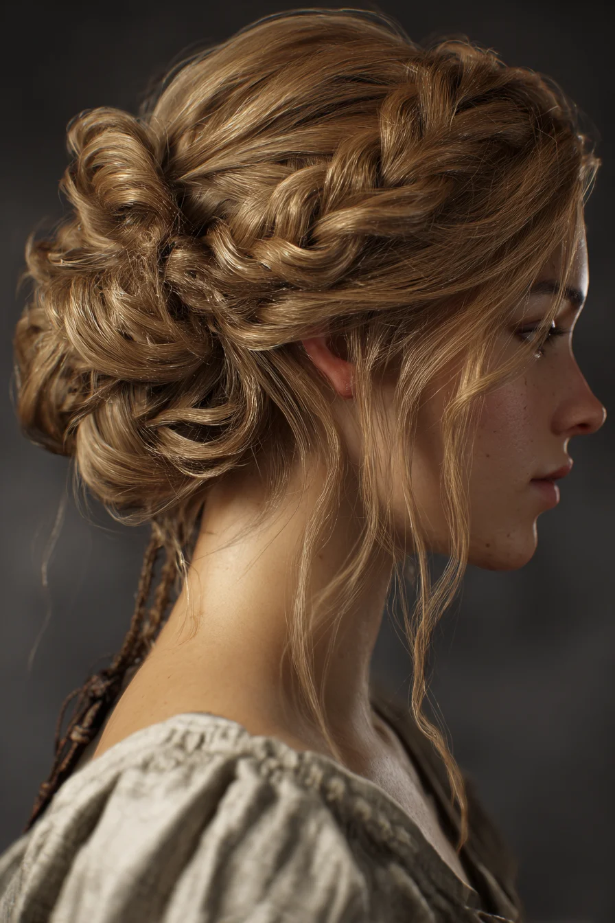 Textured Braided Low Updo with Loose Tendrils