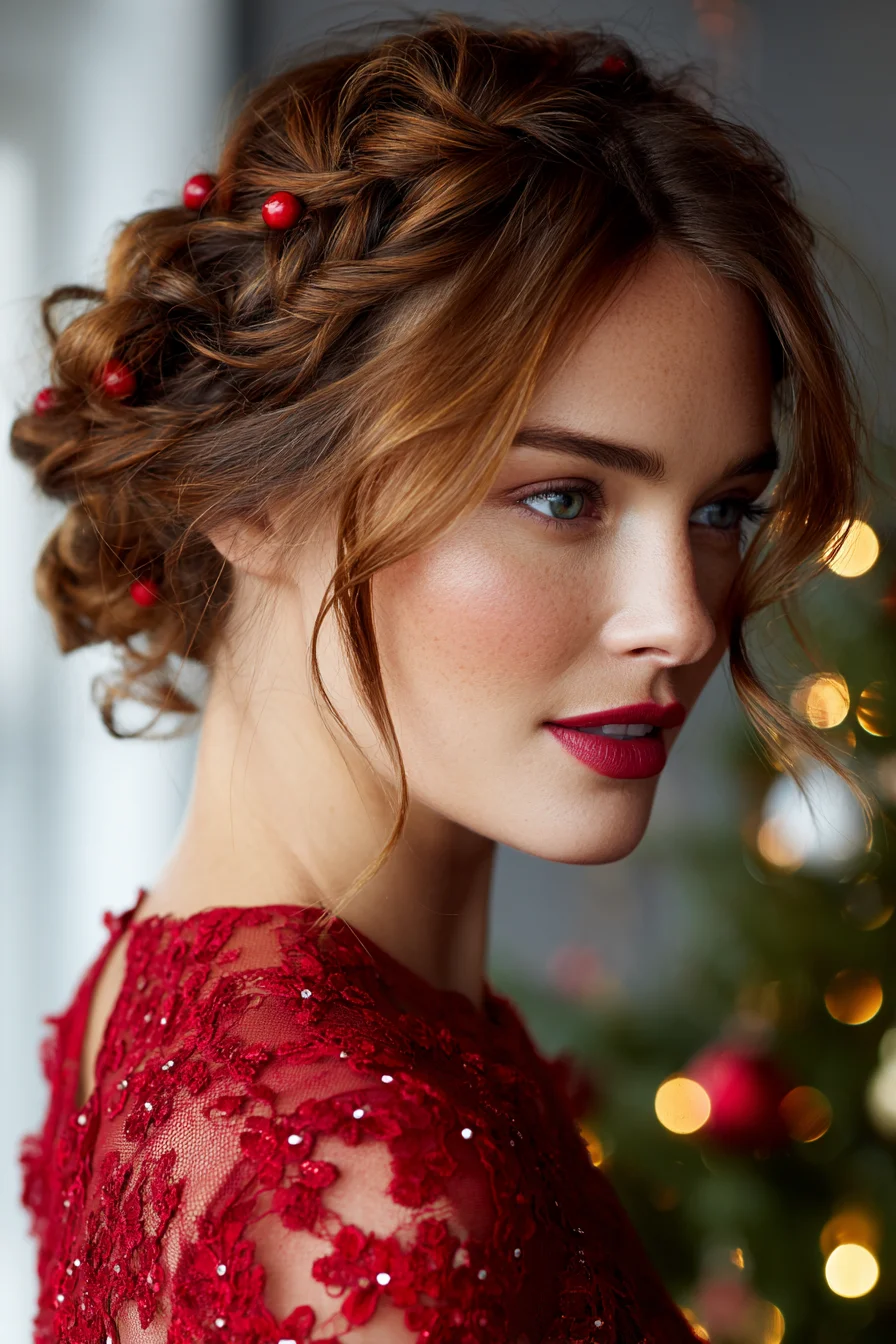 Textured Braided Updo with Face‑Framing Tendrils and Decorative Beads