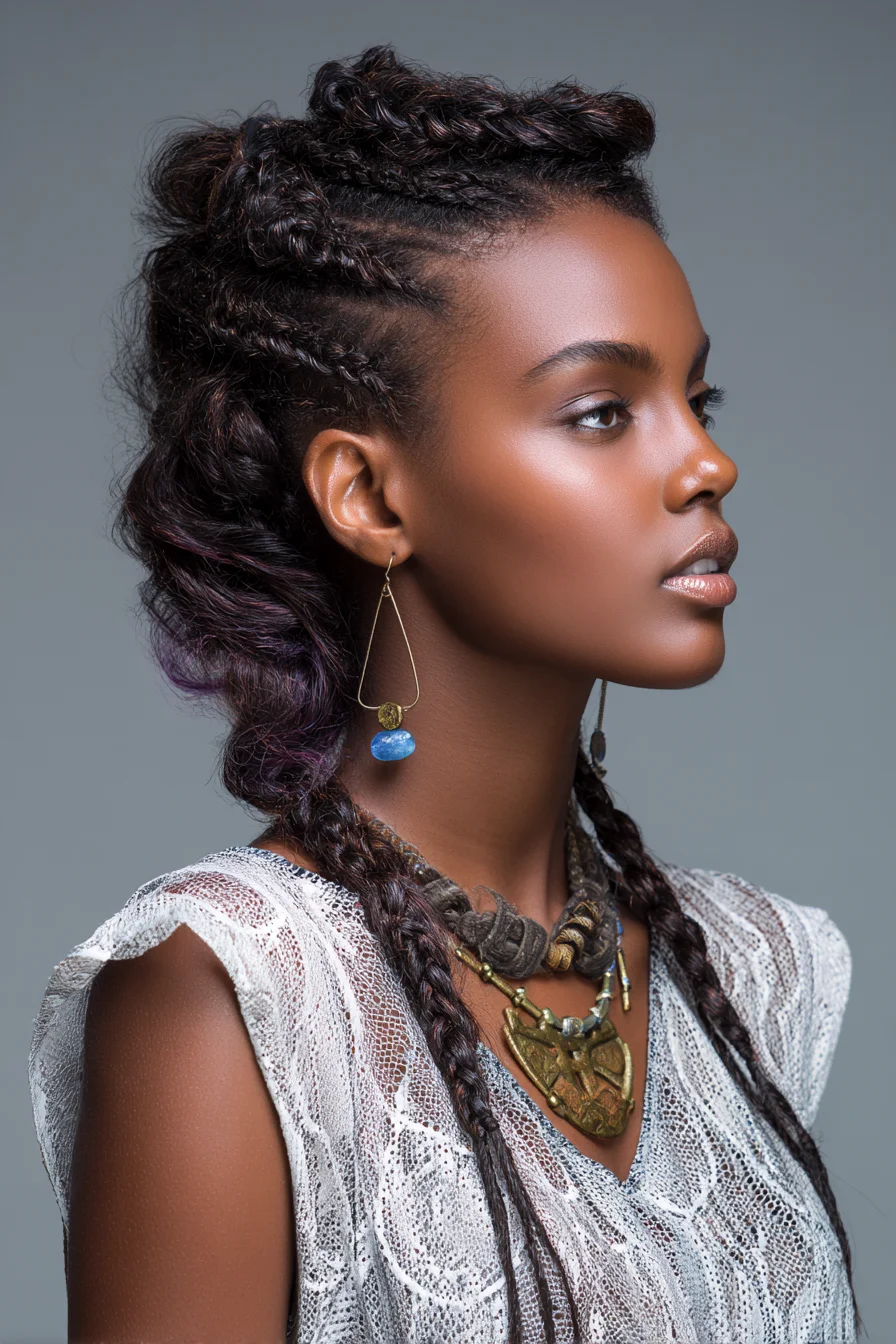 Textured Cornrow Mohawk with Loose Wavy Back and Front Braids