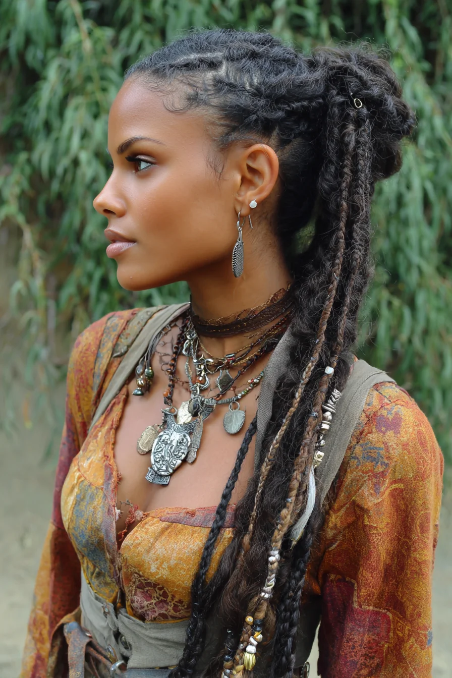 Textured Cornrow-to-Twist Ponytail with Beads and Wrapped Accents