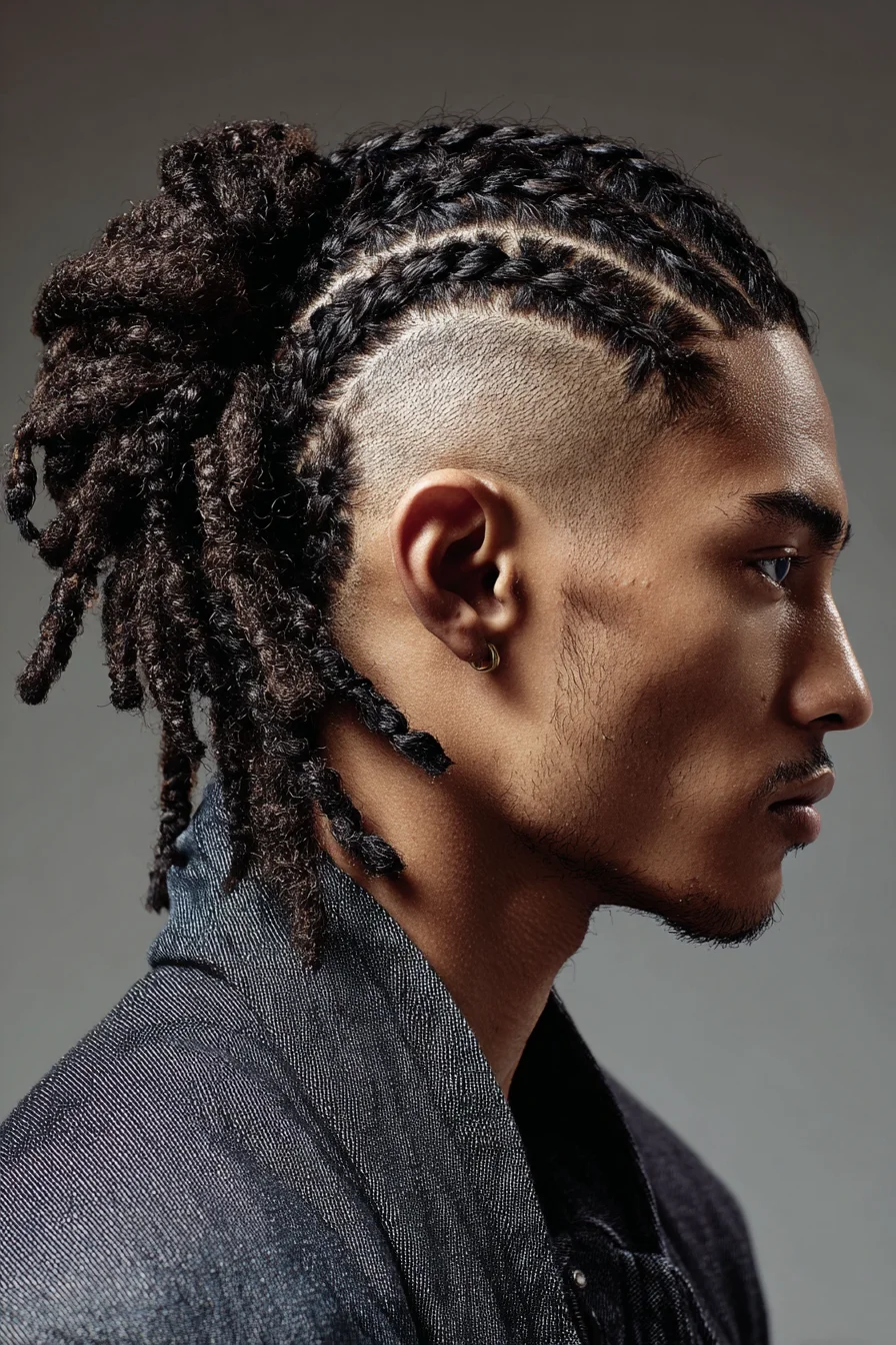 Textured Cornrows into Dread Bun with Low Skin Fade — Braids & Locs Hybrid