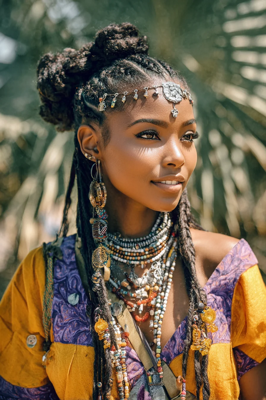 Textured Cornrows into High Buns with Beaded Dreadlock Accents