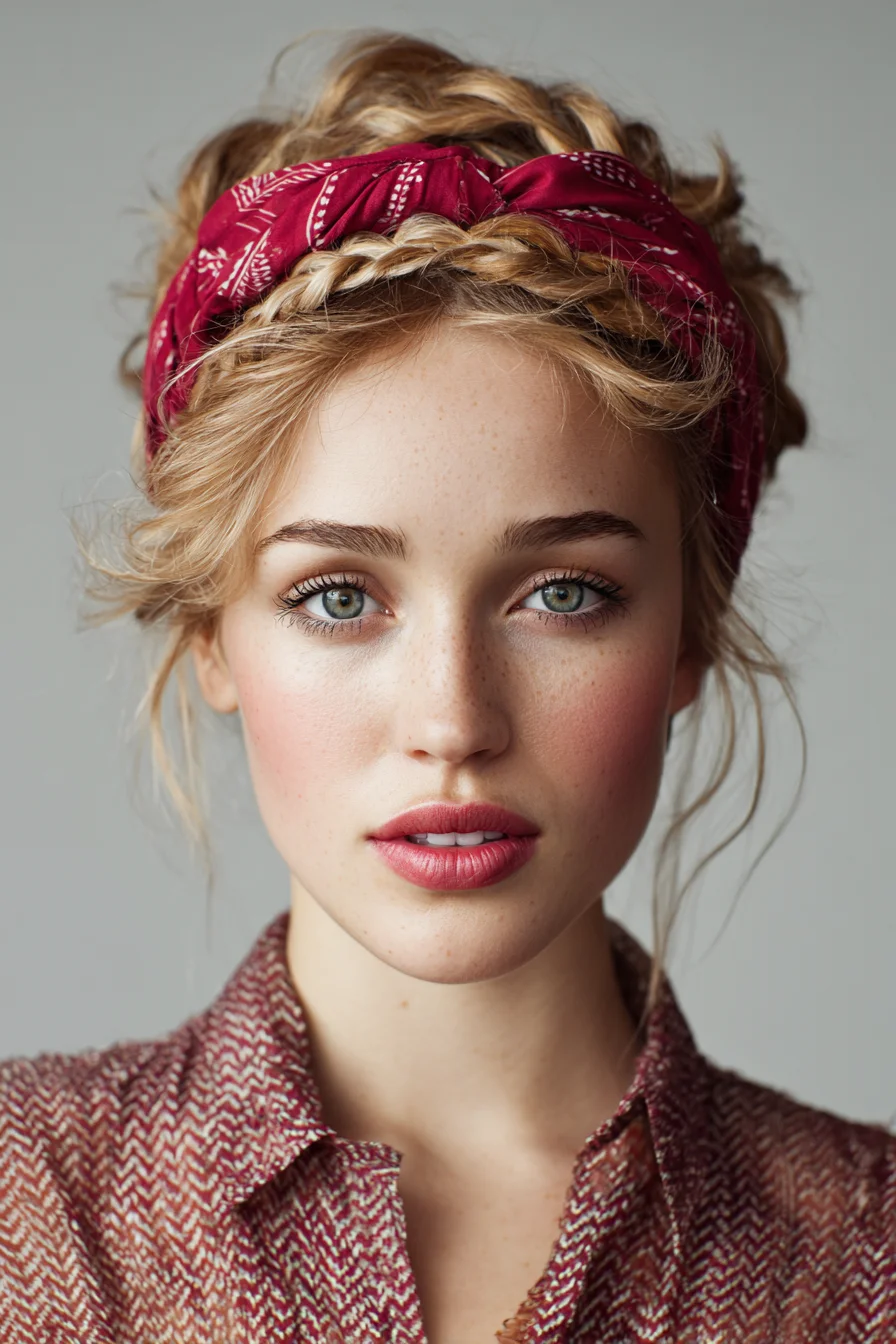Textured Crown Braid Updo with Bandana Headband