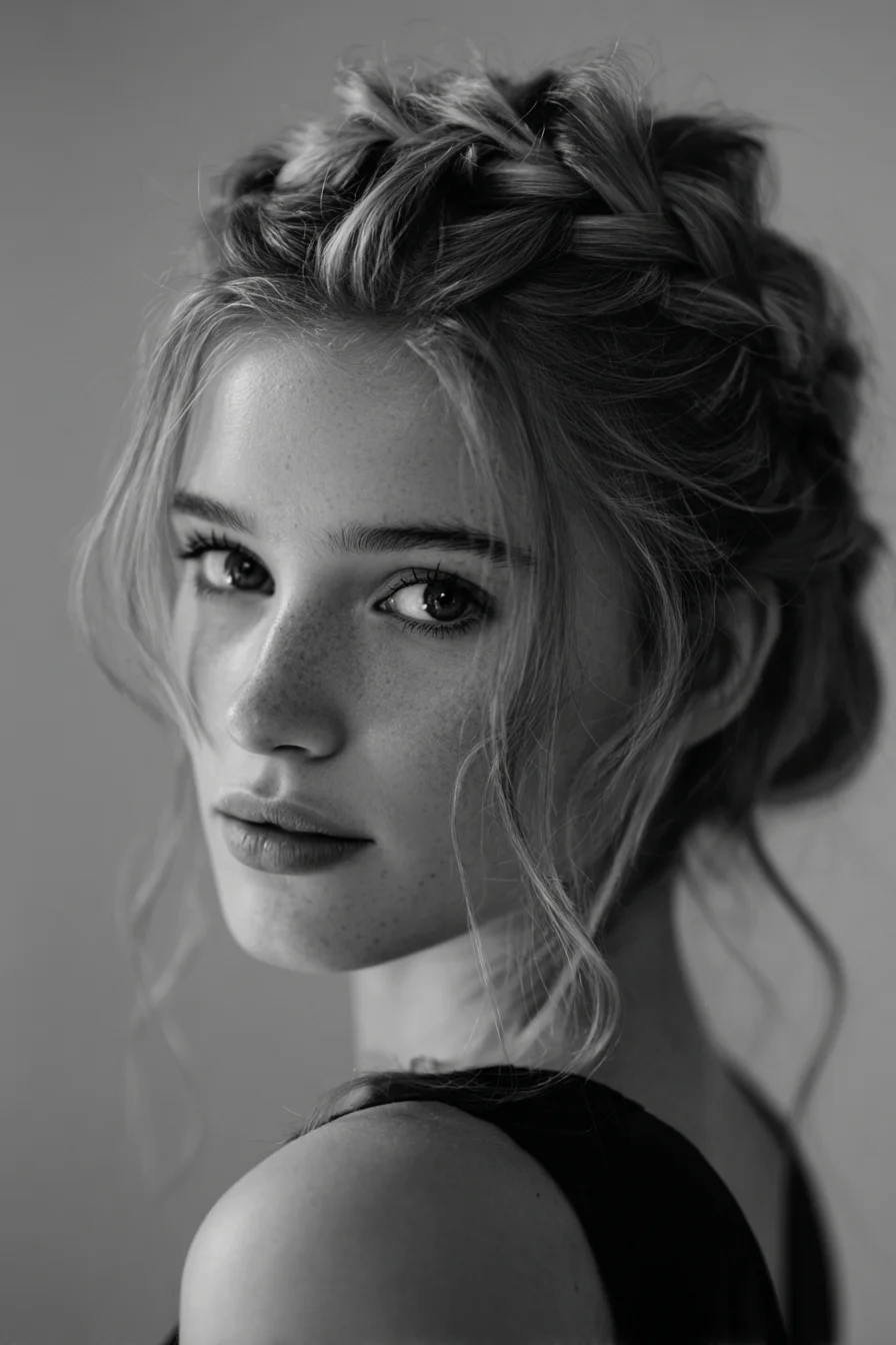Textured Crown Braid Updo with Face‑Framing Tendrils