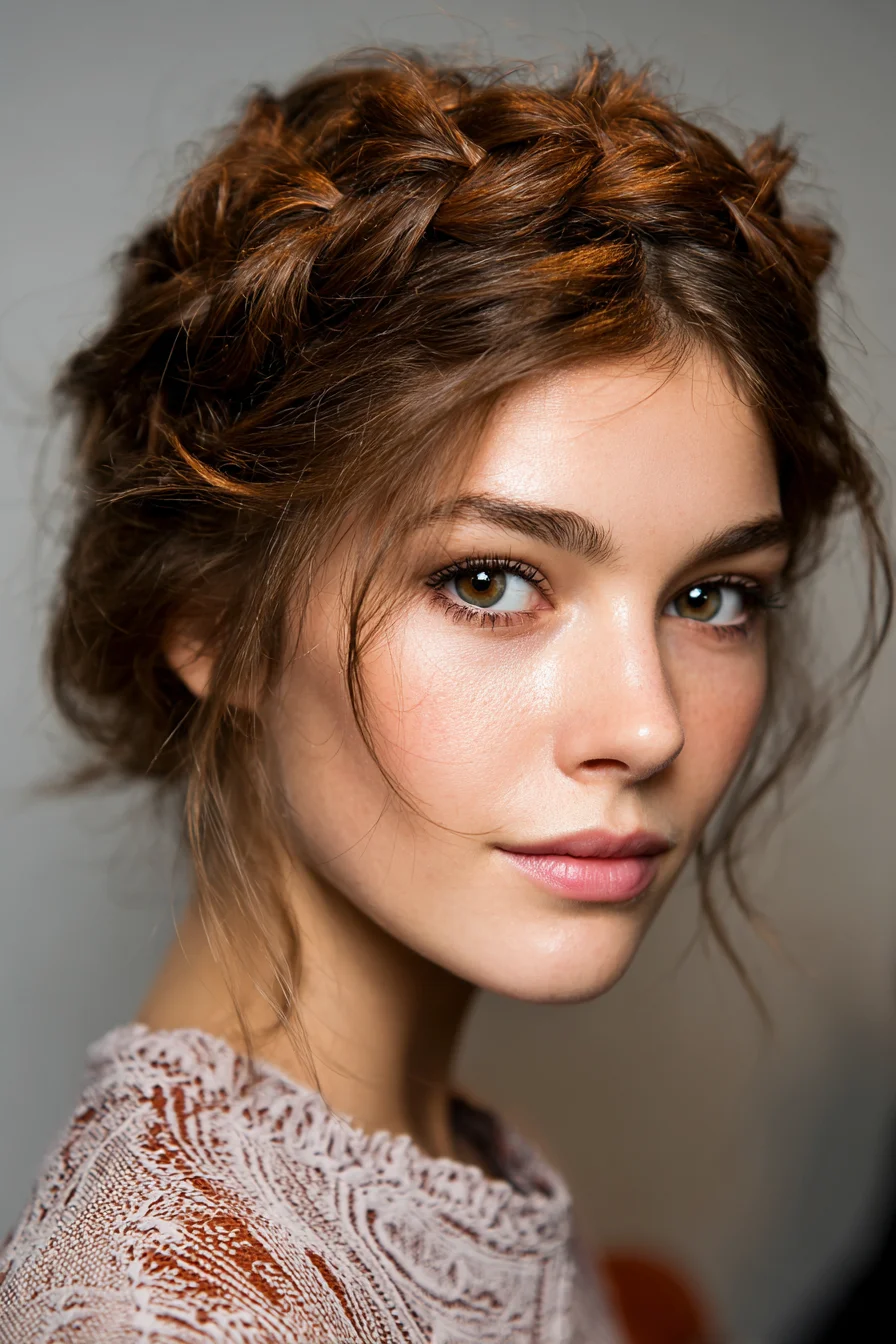 Textured Crown Braid Updo with Face‑Framing Tendrils