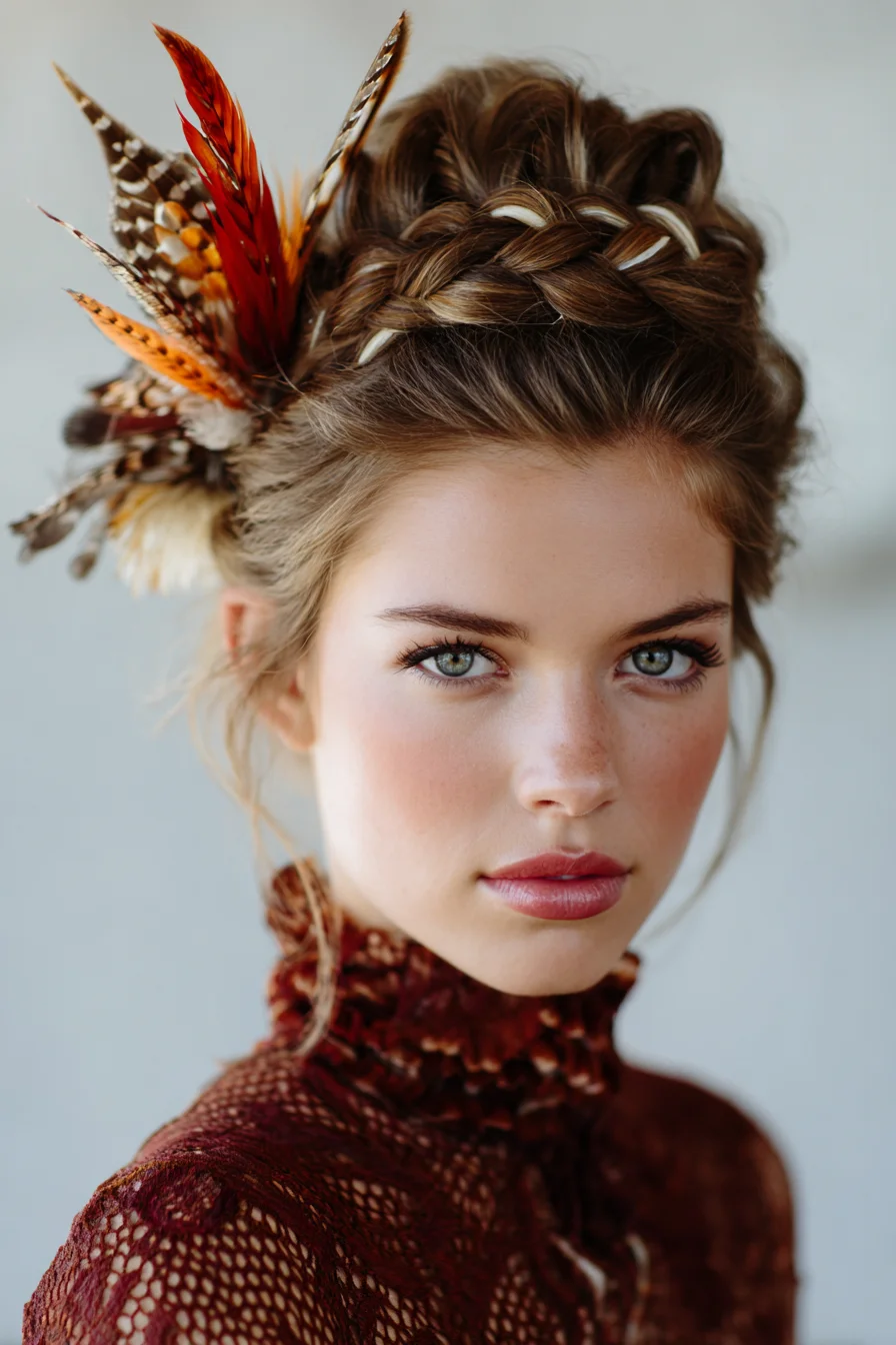 Textured Crown Braid Updo with Feather Accent
