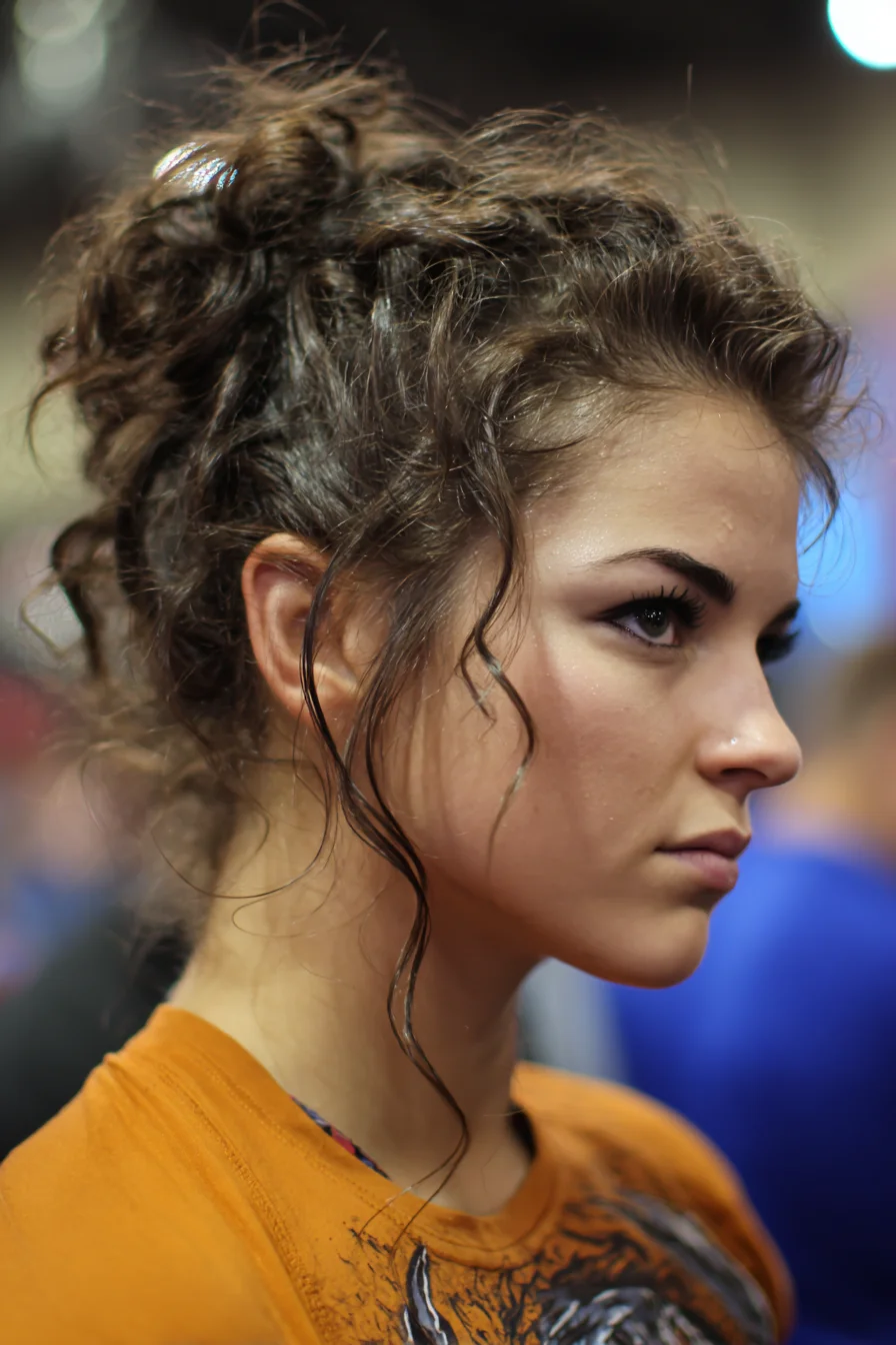 Textured Curly High Bun with Face‑Framing Tendrils