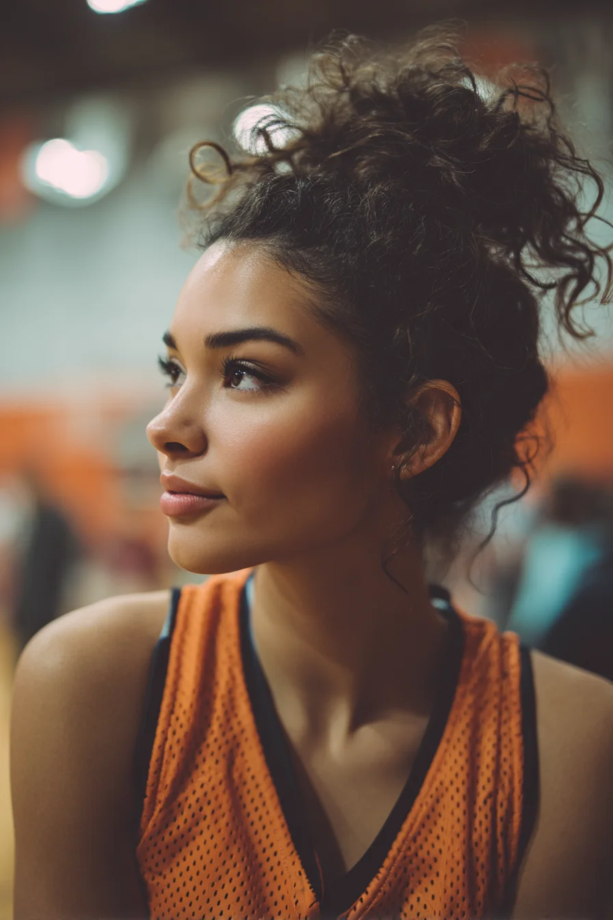 Textured Curly High Messy Bun with Face‑Framing Tendrils