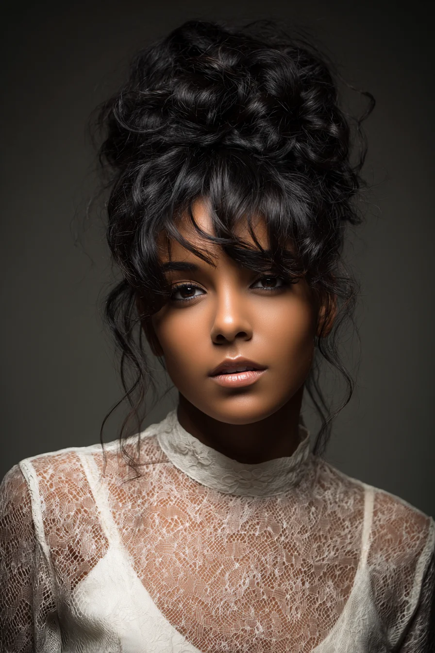 Textured Curly High Messy Updo with Soft Curtain Bangs