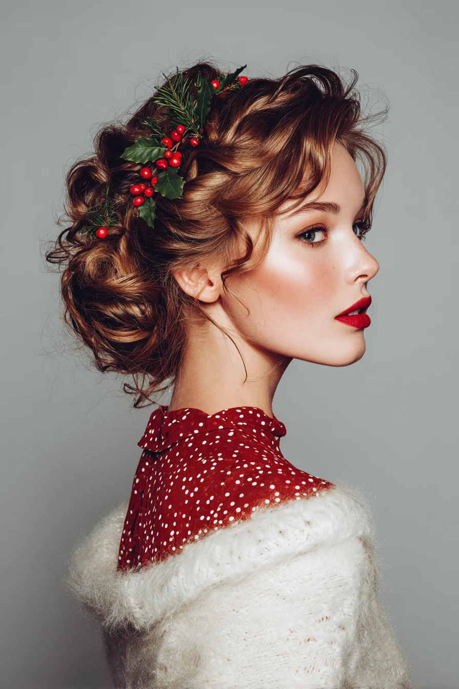 Textured Curly Low Chignon with Festive Holly Accent