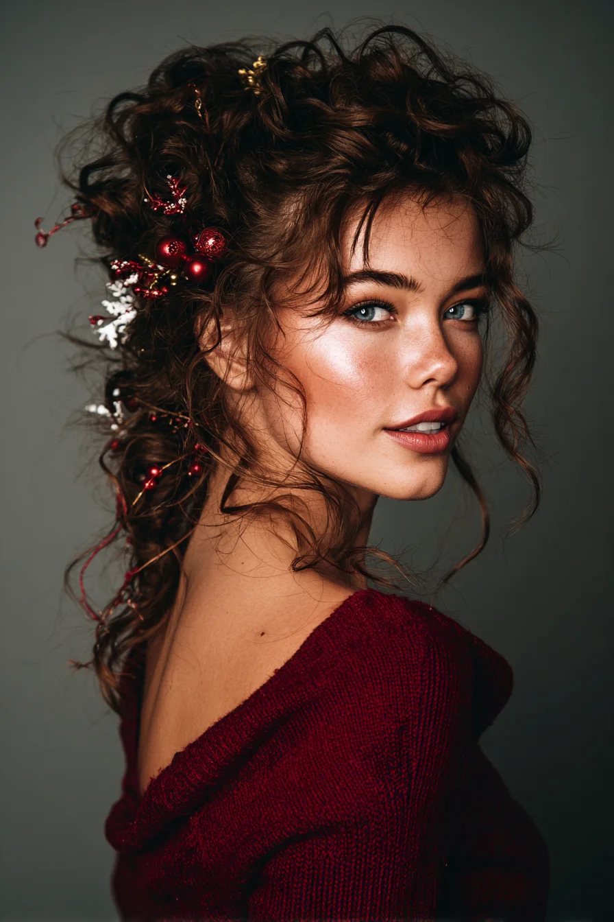 Textured Curly Messy Updo with Festive Hair Accessories