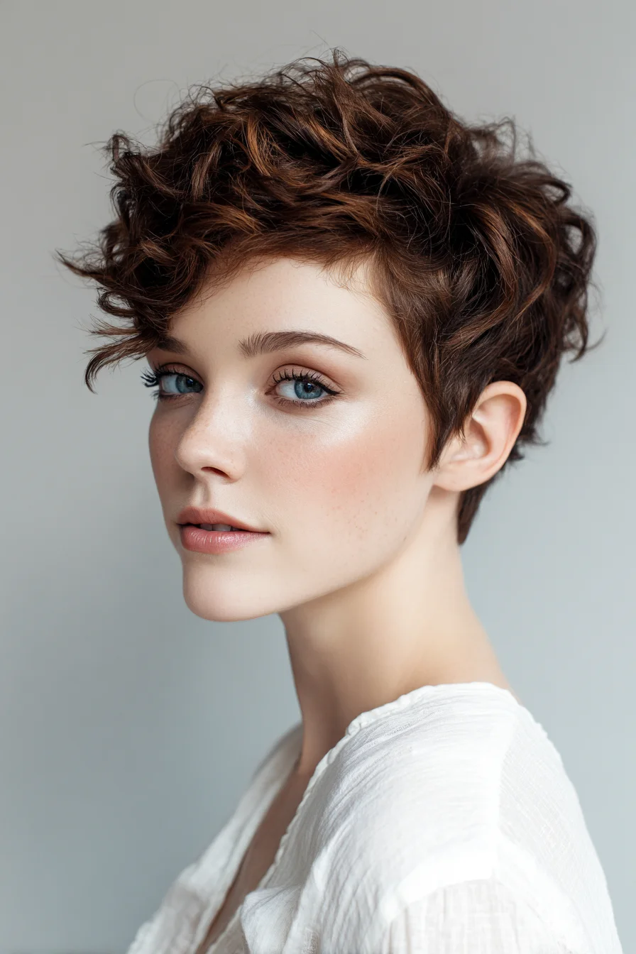 Textured Curly Pixie with Soft Fringe and Tapered Sides