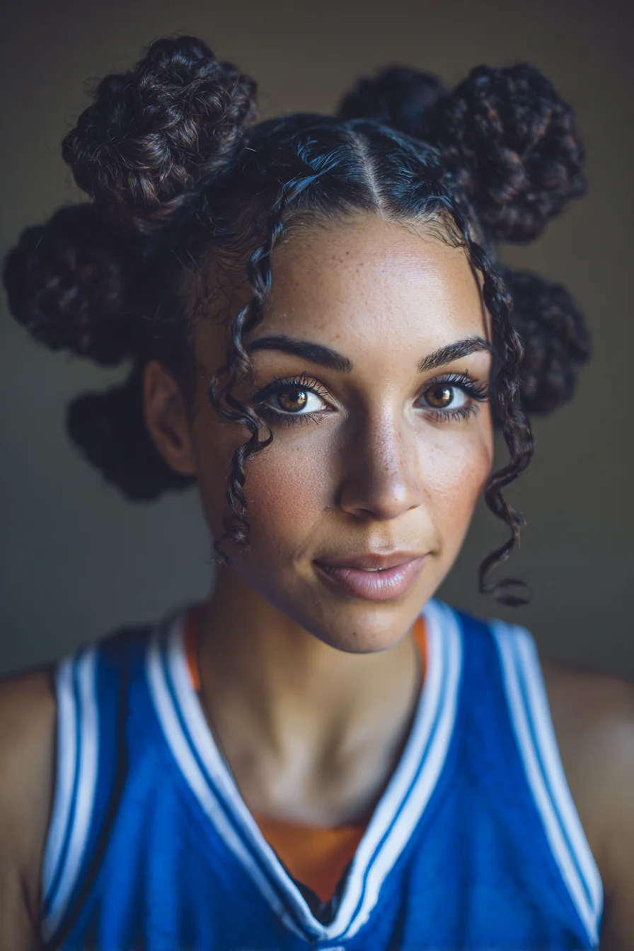 Textured Curly Space Buns with Face‑Framing Tendrils