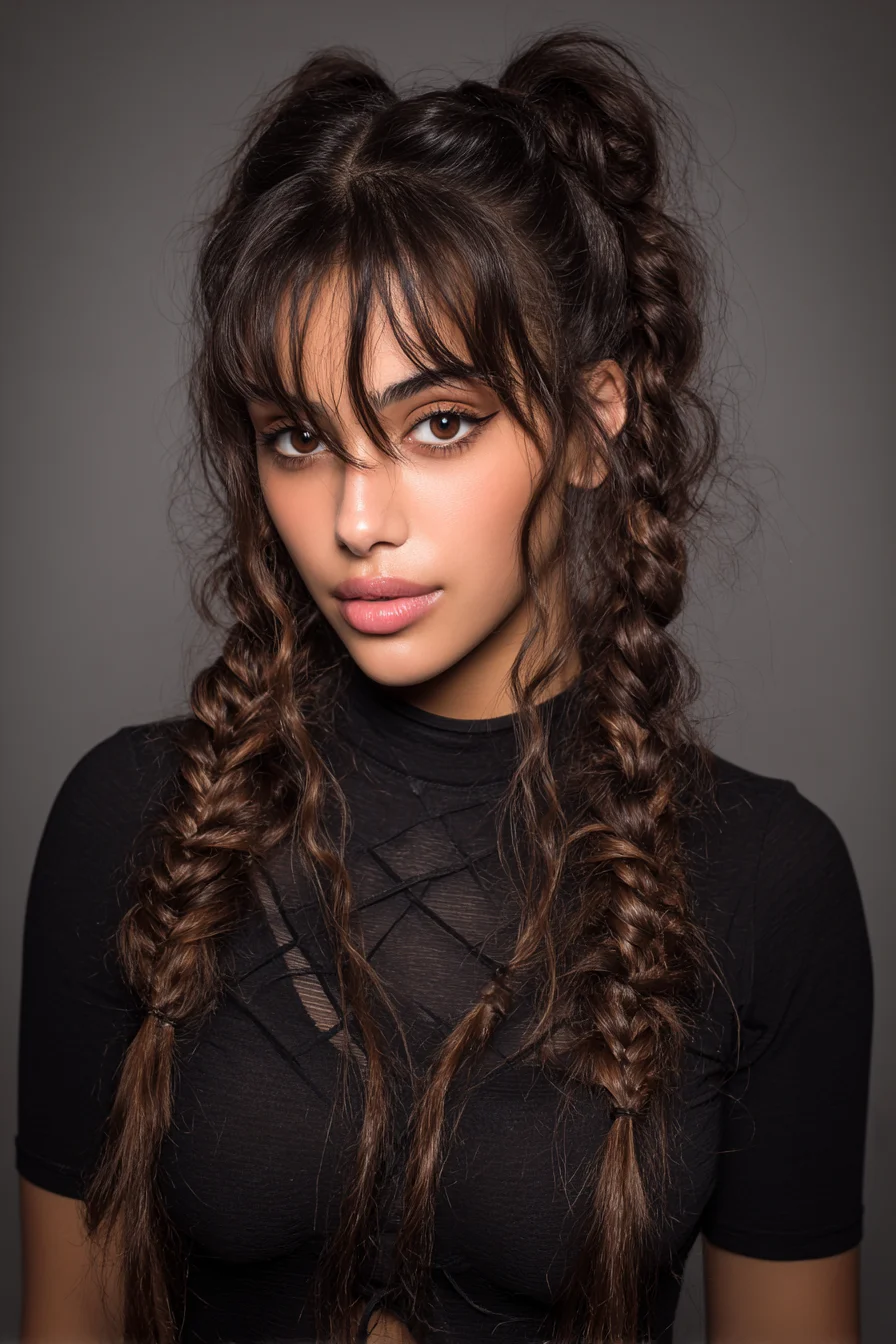 Textured Double Braids with Curtain Bangs — Boho High Pigtails